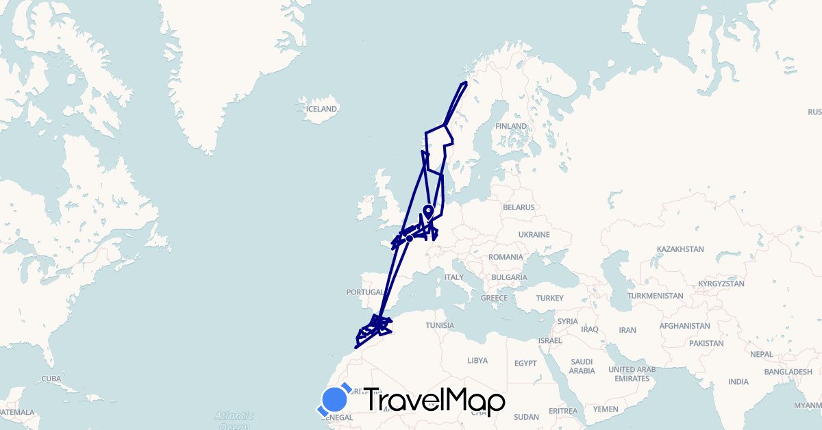 TravelMap itinerary: driving in Belgium, Germany, France, Luxembourg, Morocco, Netherlands, Norway, Sweden (Africa, Europe)